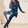 Women Plus Size Printed Two Piece Set Round Neck Long Sleeve Longline Top Fitted Pants