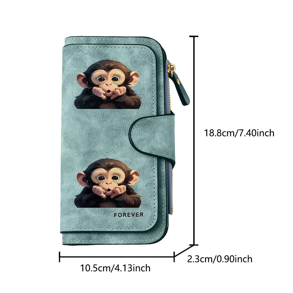 Printed Long Wallet with a Close-up Image of a Surprised Little Monkey. Multifunctional Portable Coin Purse with Snap Closure. Unisex, Suitable As a