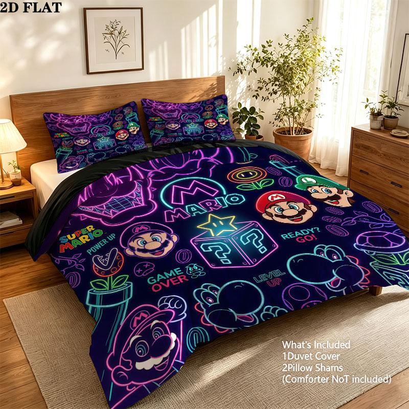 Super Mario Pattern Bedding Quilt Set Quilt Cover Pillowcase Home Birthday Gift(1 * duvet cover + 2 * pillowcase, without core)
