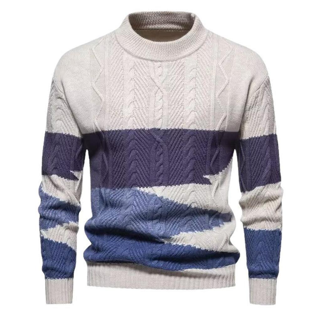 Men's Colorblock Casual Sports Pullover Retro Cable Warm Knit Long Sleeve Sweater