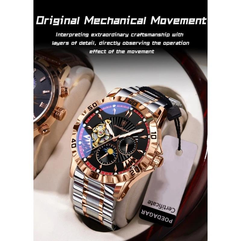 POEDAGAR Luxury Men Clock Hollow Tourbillon Automatic Mechanical Watch Waterproof Luminous Stainless Steel Watches+Box