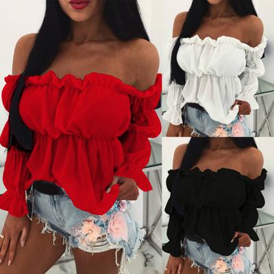 Women Sexy Solid Color Long Sleeve Off Shoulder Ruffled Edges Short Blouse Top