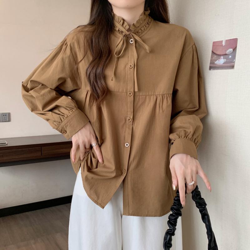 Korean Autumn 2025 Women's Versatile Ruffled Collar Lace-up Shirt