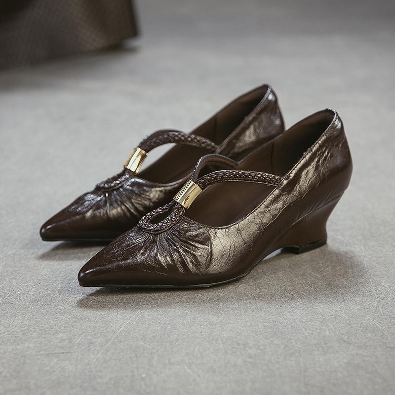 Johnature Retro Pointed Toe High Heels Versatile Genuine Leather And Comfortable Coarse Heels Women's Shoes
