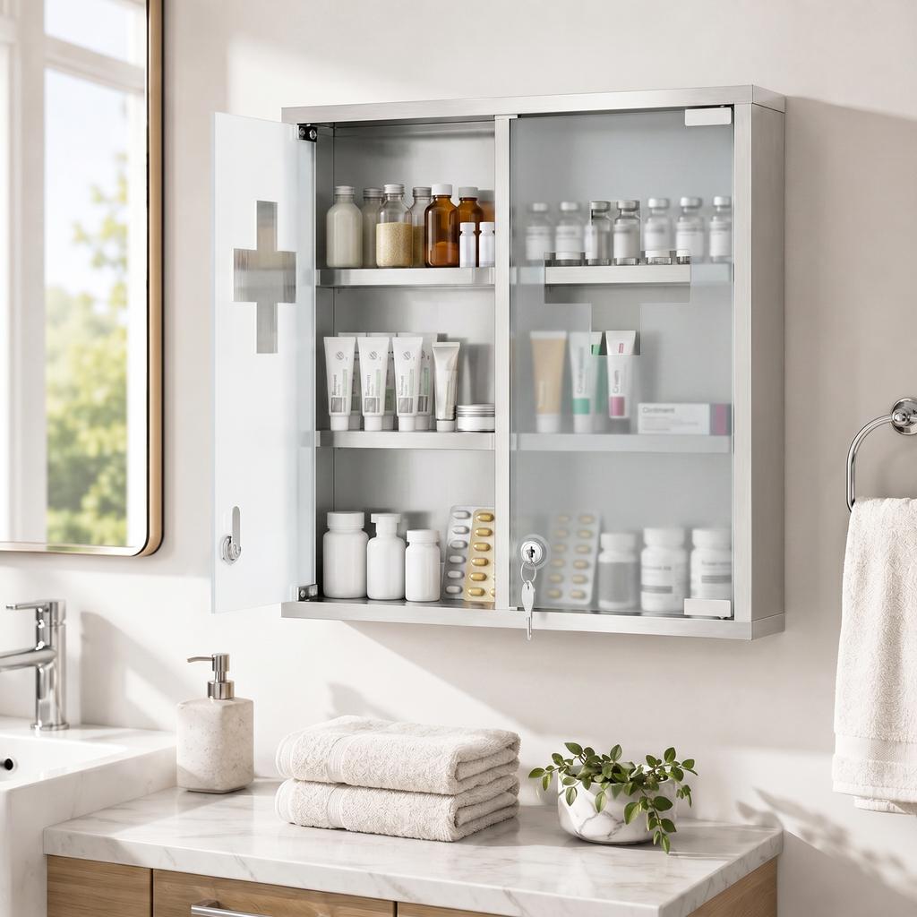 Wall-mounted medicine cabinet with lockable glass doors, 2 keys, storage shelves, 46 x 12 x 48 cm, silver