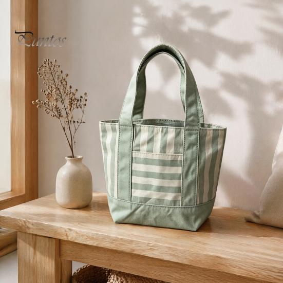 Multi-purpose Tote Bag Striped Canvas Bag, Stylish Reusable Grocery with Lightweight Front Pocket, Shoulder for Shopping Picnic Commuting Everyday