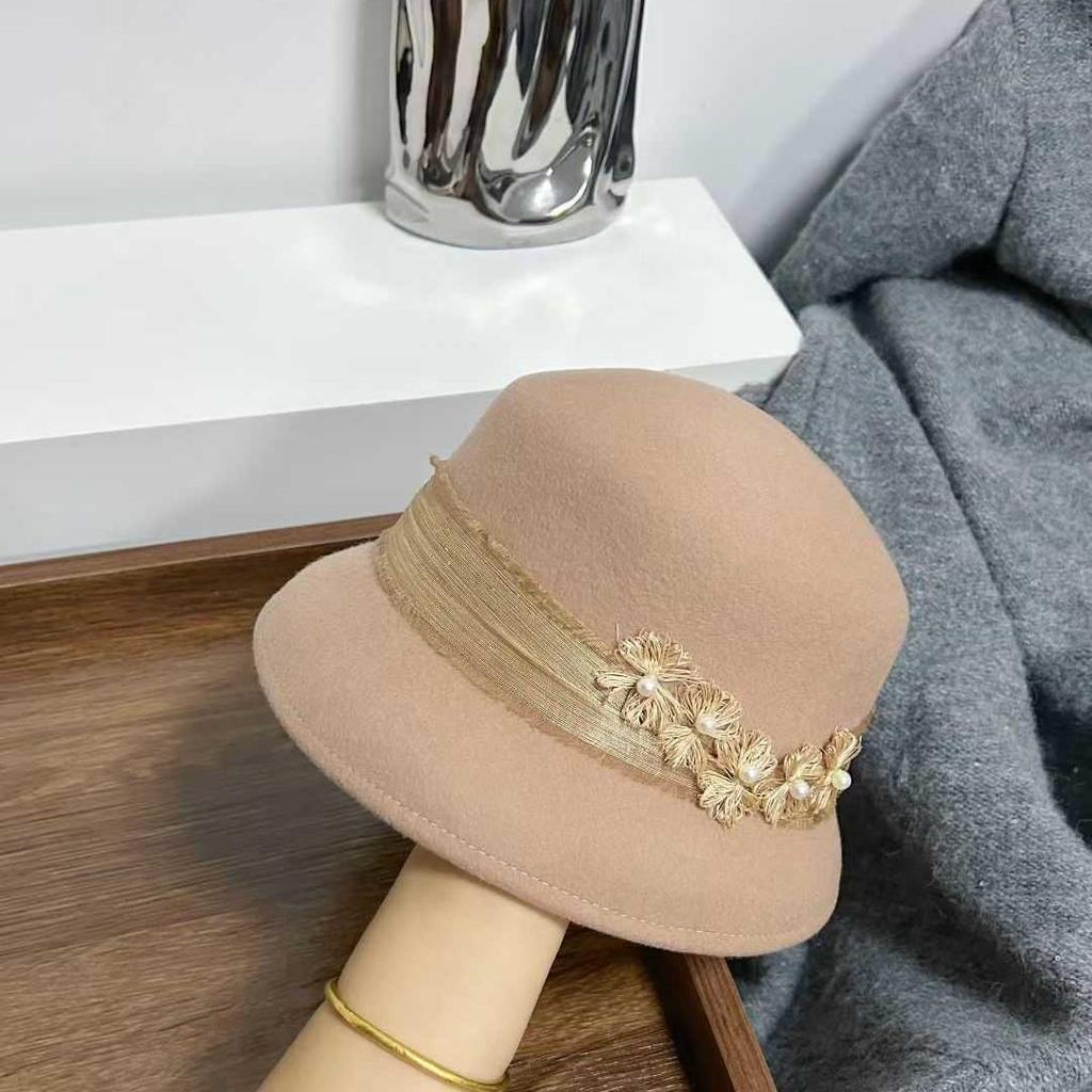 French Romantic Floral Wool Fedora: Women's Autumn/Winter Elegant Small Face Lampshade Socialite Bucket Hat.