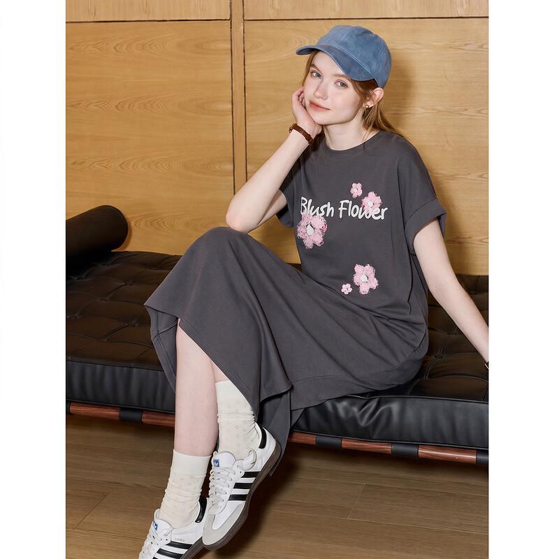 Demana Letter Print Pique Mesh T-Shirt Dress L темно серый