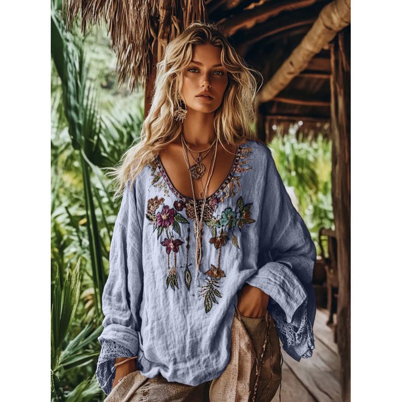 Camicetta da Donna Scollo a V Manica Lunga Vestibilità Regolare Casual Stampa Floreale Camicia Boemia