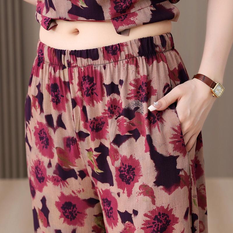 Summer Women's Two Pieces Set Plus Size Elegant Cotton Linen Pant Sets Casual Ladies Clothes