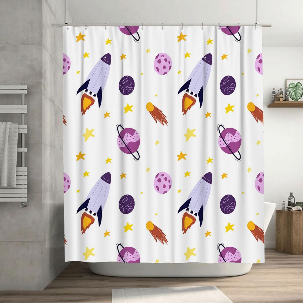 Space-themed shower curtain with rockets and planets bathroom decor for kids (60x72 inches)