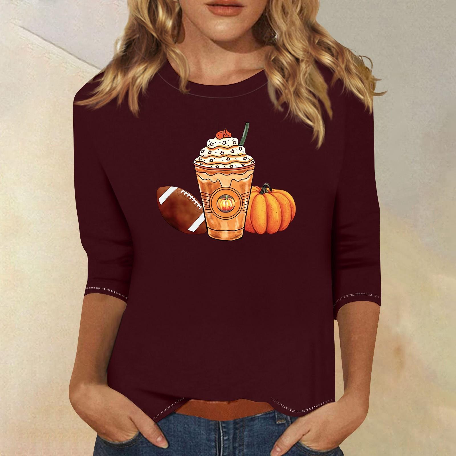 

Топи з рукавами 3/4 для жінок Футболка Повсякденні топи з принтом Футболка з круглим вирізом Пуловер Блуза XXL винний