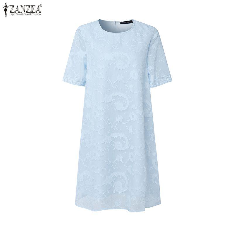 ZANZEA Women Casual Round Neck Short Sleeve Summer Subtle Patterned Dress