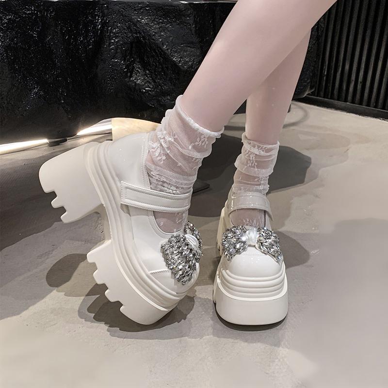 Fashion 10cm New Microfiber Leather Designer Platform Wedge Round Toe Pumps Crystal Flats Hook Women Fashion Mary Jane Loafer Shoes