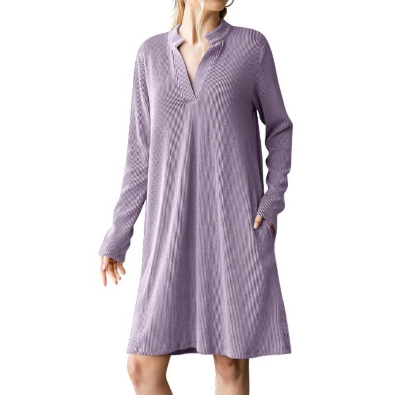 IHUASU Women's Fashion Spring Autumn Solid Color Print O-Neck Long Sleeve Casual Dresses