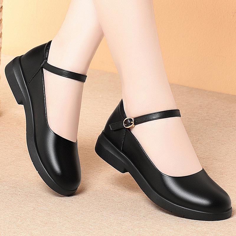 Soft-soled work shoes women's black single shoes one-word buckle strap flat-soled round head work women's leather shoes women's shoes