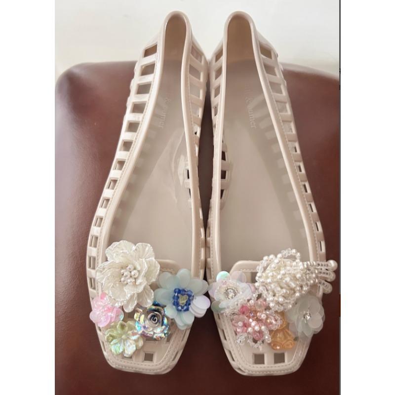 Women's Flat Bottom Sandals Korean Style Summer Beach Casual Slip-On Jelly Shoes All-Match for Diy Shoes Accessories