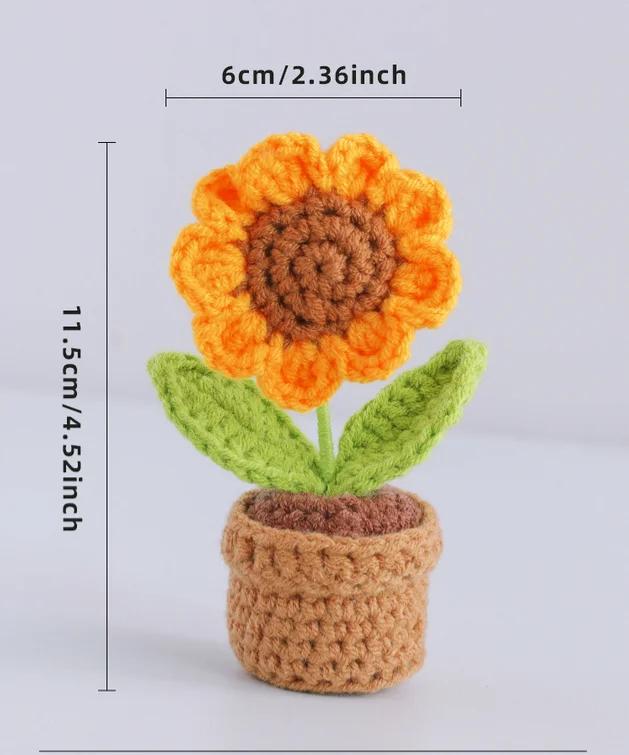 Crochet Sunflower Potted Finished Handmade Flower Kintted Plant Creative Fake Flower Cute Car Desk Decor  Gift