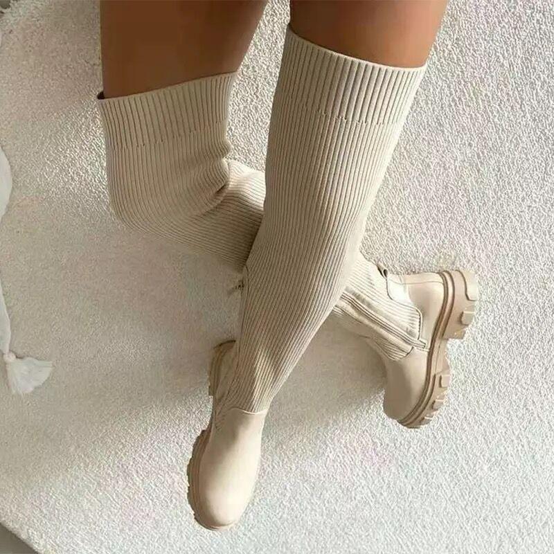 Socks Boots Women's Knitted Flat-bottomed Thick-soled Autumn and Winter Knee Boots Women's Thin Legs Elastic Fly-knitted Wool Knight Boots
