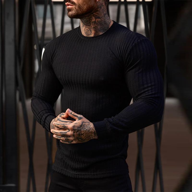 Muscleguys Autumn Running T-shirts Mens Classic Ribbed Knit Jumper Sports Long Sleeved Slim Fit Round Neck Casual Gym Fitness T Shirt