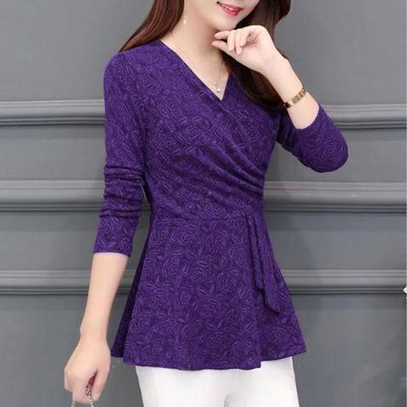 Vintage Floral Jacquard Weave Pullovers Women's Clothing Elegant V-Neck Spring Autumn Casual Slim Waist Fashion Folds T-shirt