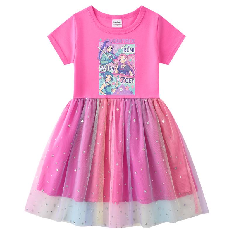Korean Style Kpop Demon Slayer Mesh Princess Dress for Girls - Short/Long Sleeve Options