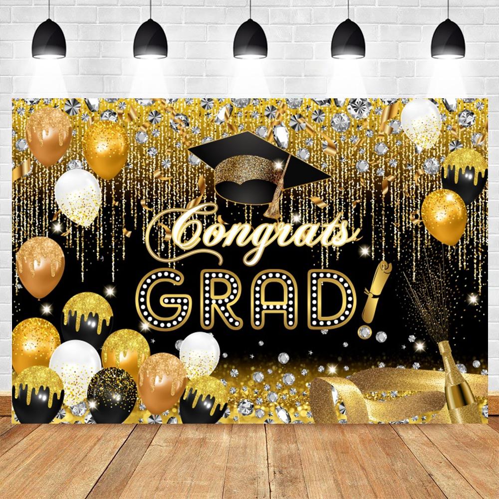 Golden Flash Black Balloon Banner Photography Background Cloth, Congratulations Graduation Ceremony Evening Photography Backdrop