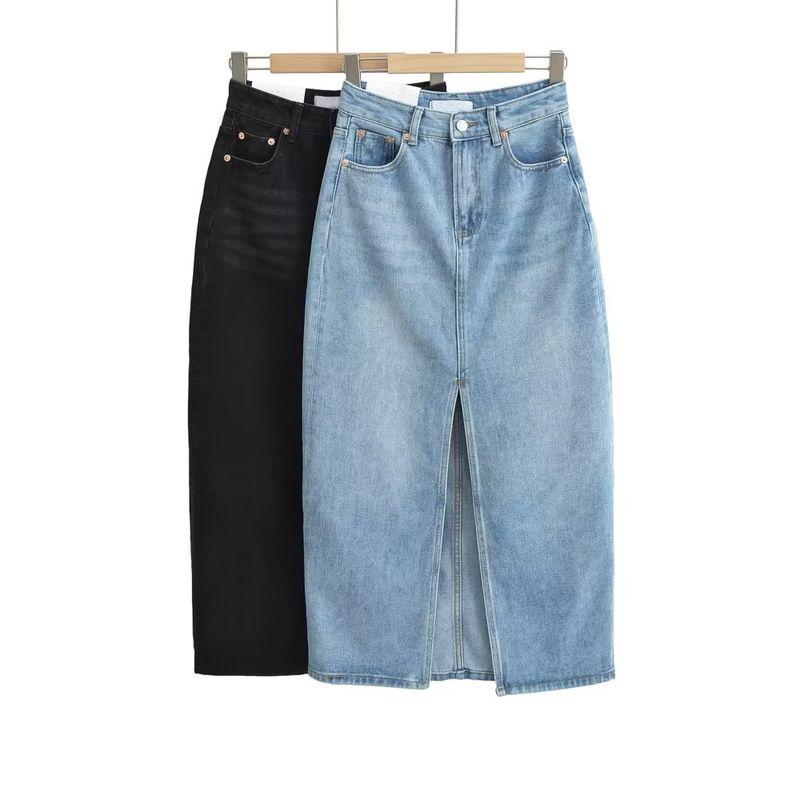 Spring New European and American Retro Ins Casual Loose Cotton Mid-Length Split Design Denim Skirt