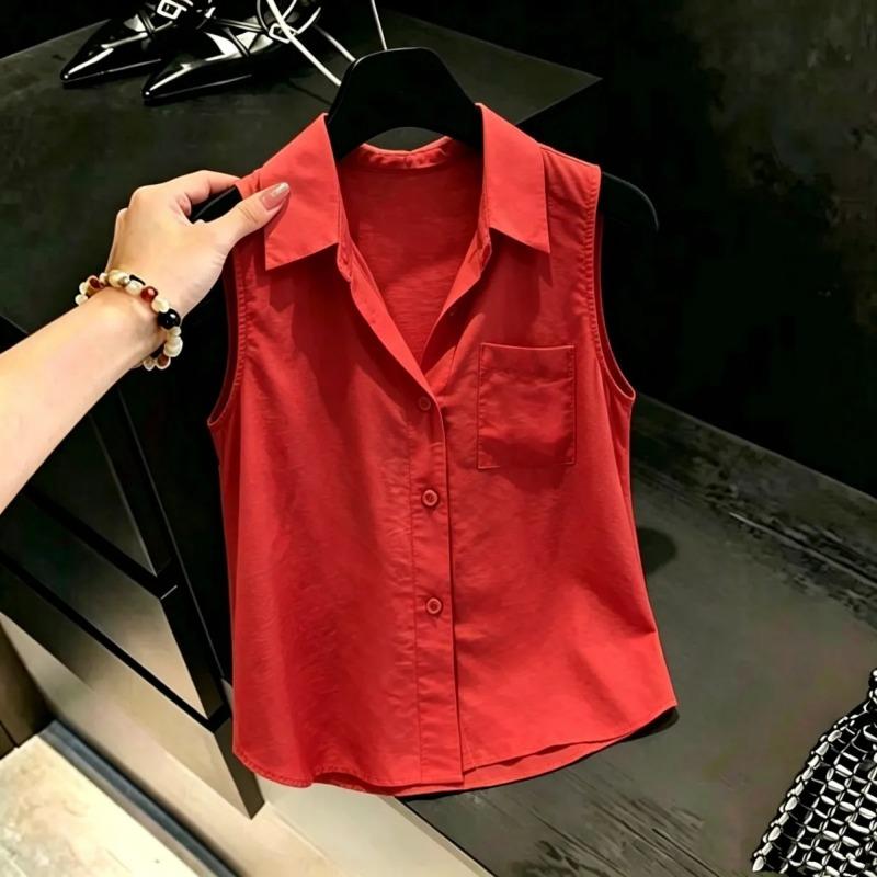 Camicia Casual da Donna con Revers, Tasca Singola, Senza Maniche, Bottoni Frontali