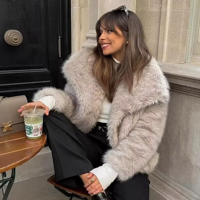 2025 Autumn/Winter Women's Celebrity Style Faux Fur Lapel Coat - A14001