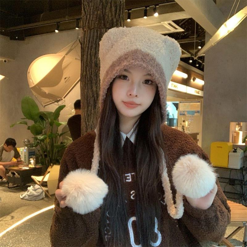 Autumn And Winter  Color Matching Bear Ear Strap Lei Feng Hat For Women Korean Cute Warm Ear Protection Knitted Wool Hat