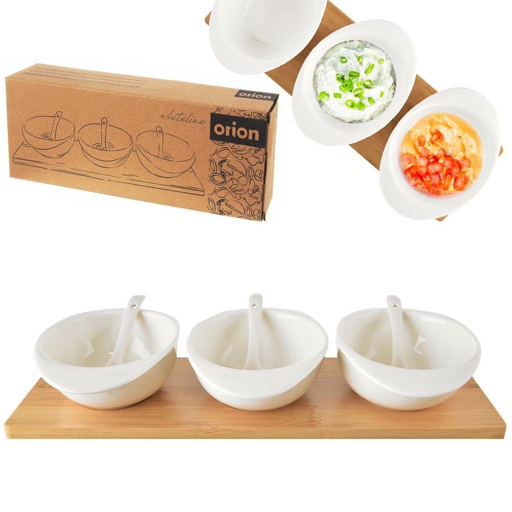 WHITELINE 3-Bowl Porcelain Appetizer Set on Bamboo Tray