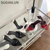 Fashion SUOJIALUN 2025 Summer New Brand Women Slides Fashion Pointed Toe Slip On Ladies Sexy Slipper Thin High Heel Dress Pumps Sandal