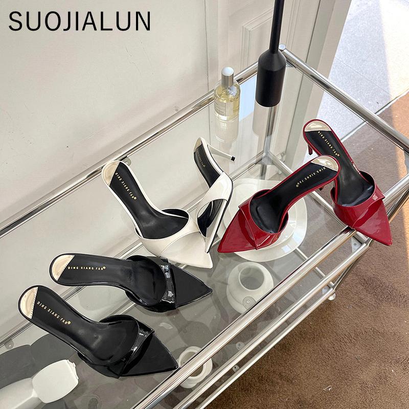 Fashion SUOJIALUN 2025 Summer New Brand Women Slides Fashion Pointed Toe Slip On Ladies Sexy Slipper Thin High Heel Dress Pumps Sandal
