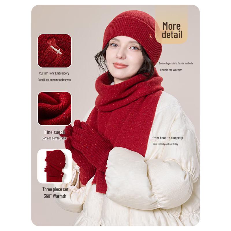 JIUMU Women's Winter Wool Scarf, Hat & Gloves 3-Piece Set