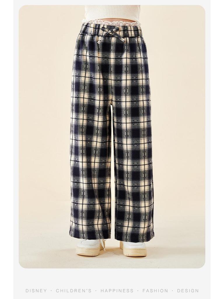 Dívčí krajkové kalhoty s vysokým pasem a širokými nohavicemi s kostkovaným vzorem - Móda podzim 2025
