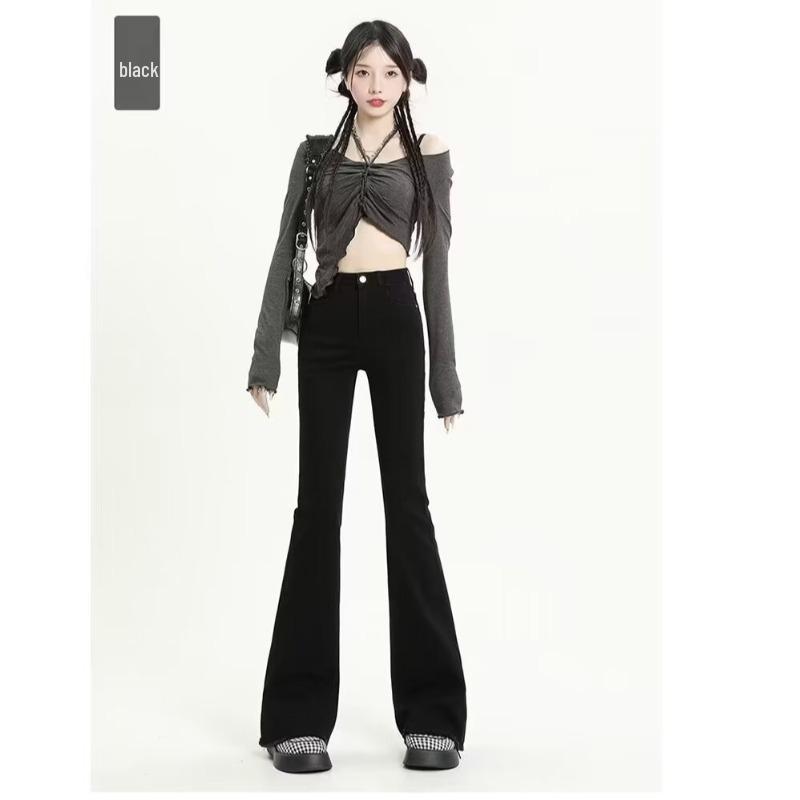 Women's Retro Gray High-Waist Micro-Flare Jeans with Frayed Hem – Slimming, Stretchy, Spring/Autumn Style