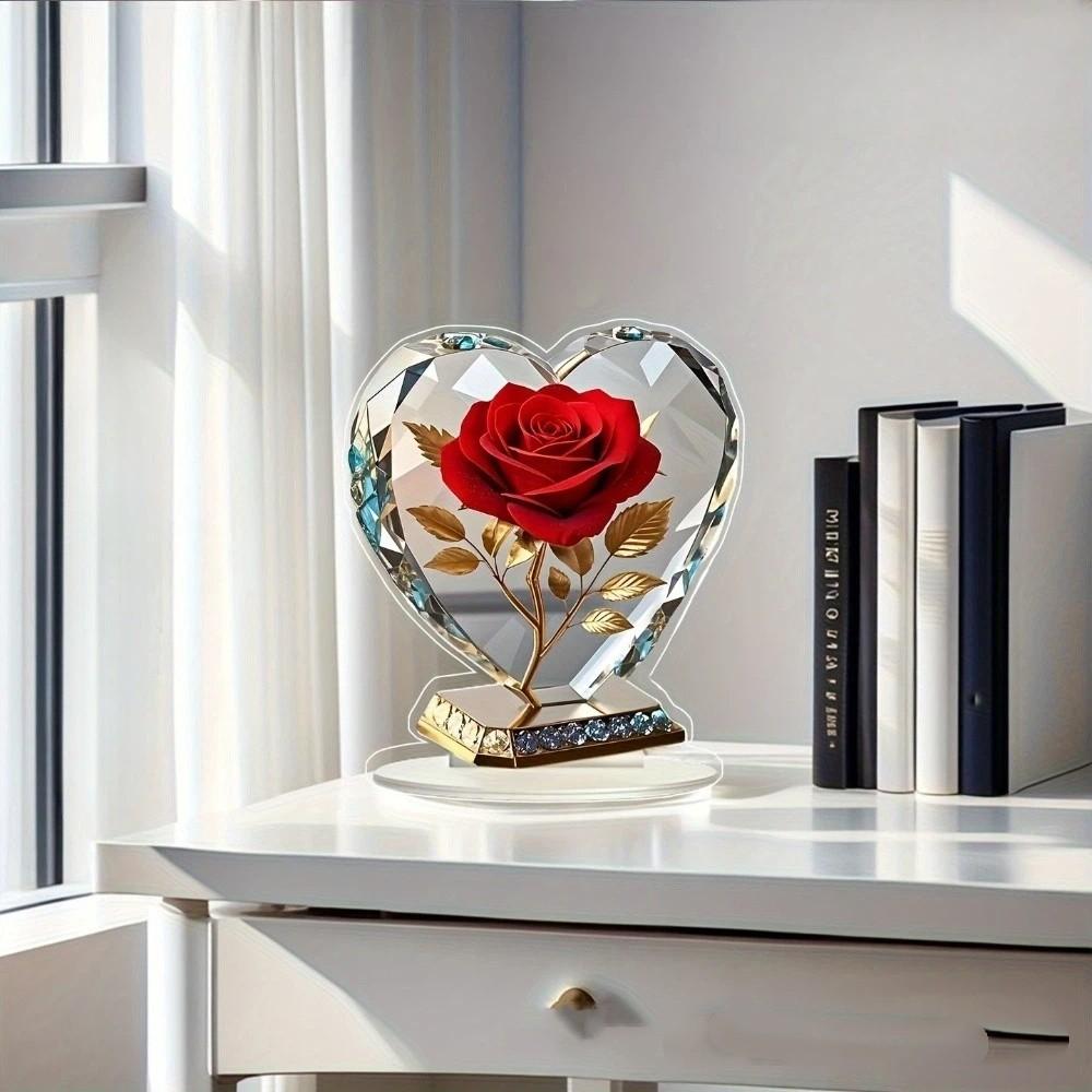 Elegante Rote Rosen Acryl Herz Skulptur Herzform Goldene Akzente Herzförmige Verzierung Acryl Liebes Andenken Heimdekoration