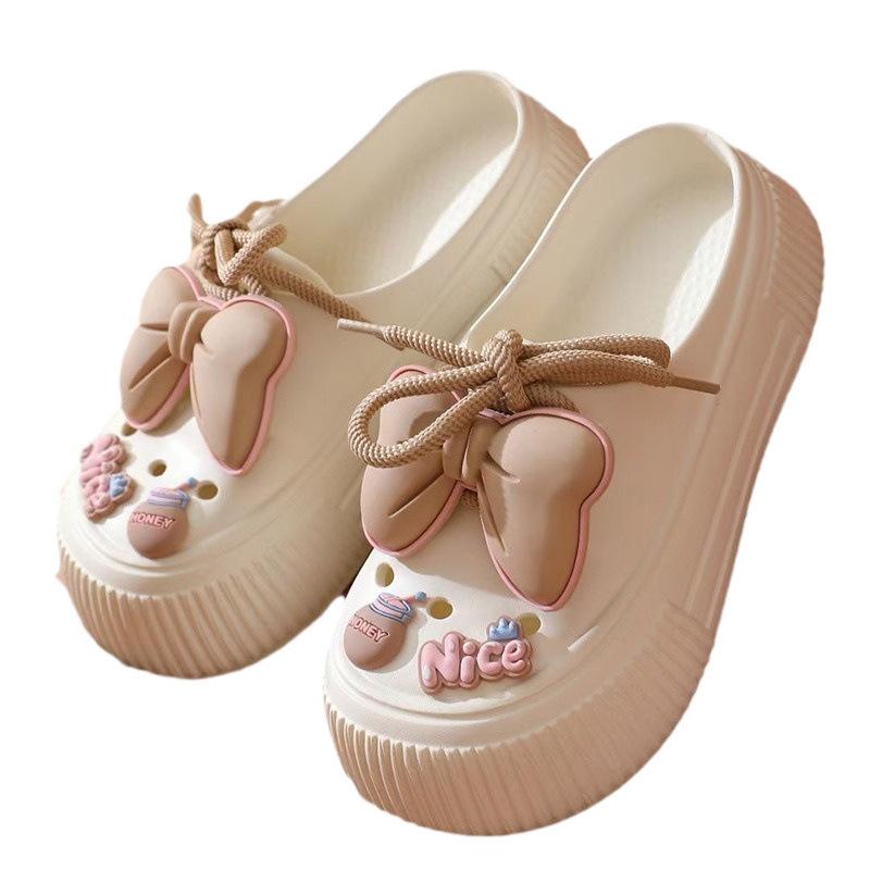 Niedliche Hausschuhe mit hohler Schleife für Damen, Sommer, Neuankömmling, Plateau-Pantoletten mit dicken Sohlen, offene Zehenpartie, Clogs für drinnen und draußen, Hausschuhe mit Schleife