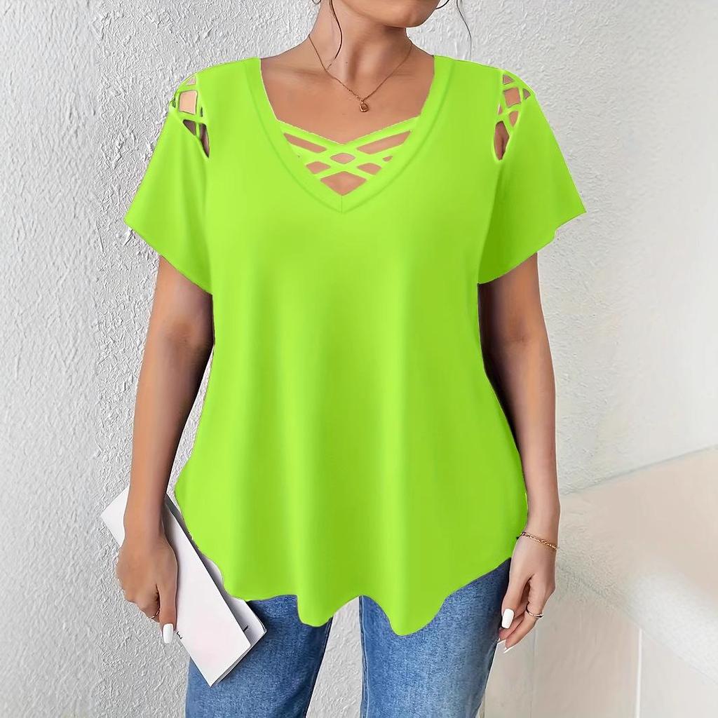 2026 European & American Casual Women's V-neck Solid Color Short Sleeve Cross Strap T-shirt