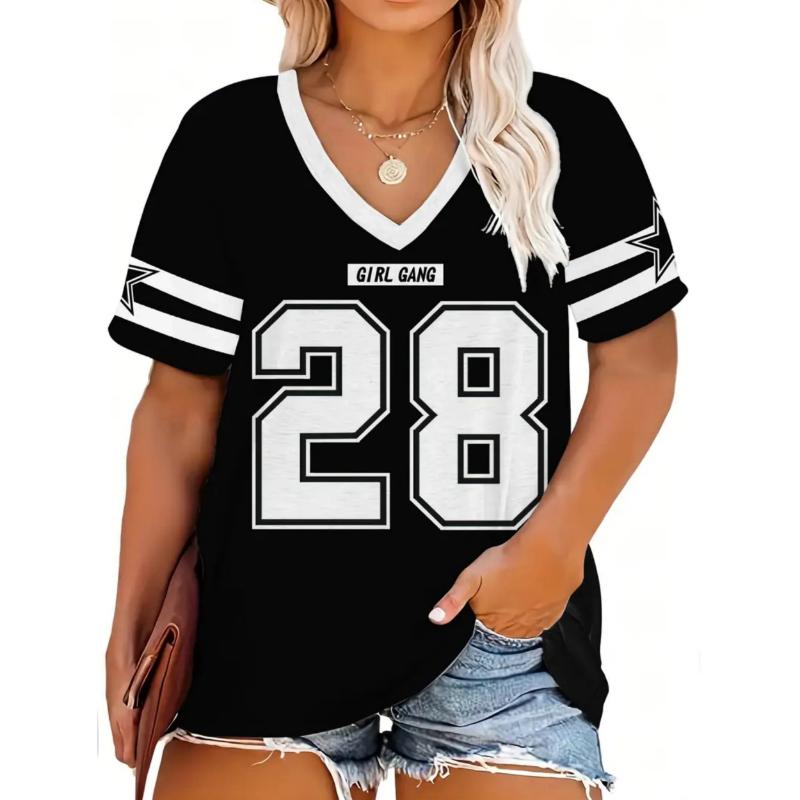 Sommer Damen T-Shirts Streifenmuster Tops Mode Ziffer 89/28 Muster T-Shirt für Damen V-Ausschnitt Freizeit Damenbekleidung Pullover