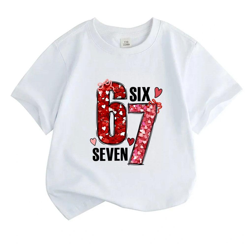 Kids Boys Girls 100% Cotton Crew Neck Short Sleeve T-Shirt, Cute 67 Six Seven Heart Pattern Valentine Themed Casual Soft Tee for Children Daily Wear