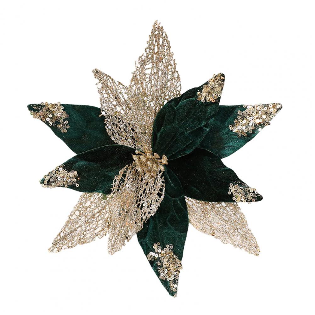 Poinsettia Tree Ornaments Multi-scene Christmas Decor Glitter Poinsettia Flowers for Christmas Tree Ornaments Wedding for New зелёный