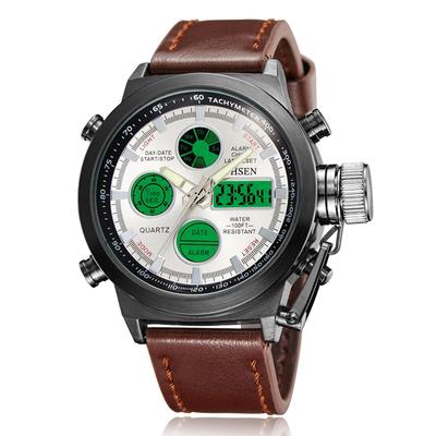 Militär-Display LED Echtes Lederarmband Japanisches Quarzwerk Antik Stilvoll Beliebtes Zubehör Tag Tag Weihnachtsgeschenk Herren Ana-Digital Wasserdicht