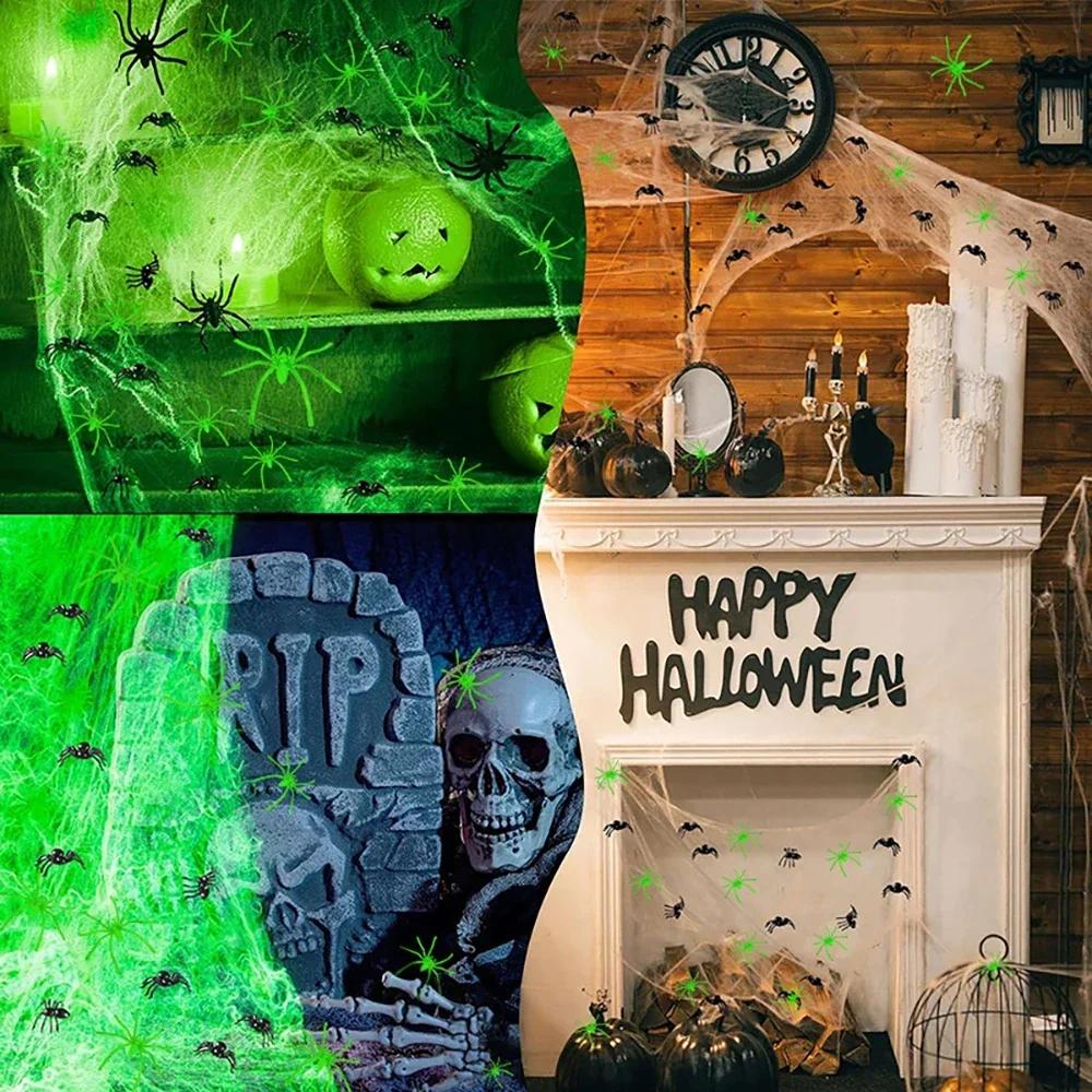 2025 Funny Halloween Artificial Spider Web White Stretchy Cobweb Glowing Halloween Scary Party Scene Props Indoor Outdoor Decor