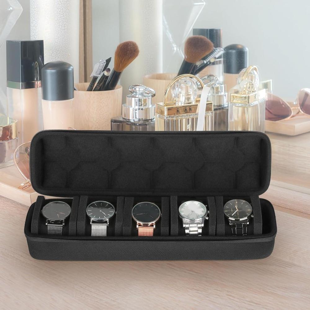 Portable 5 Slots Hard Watch Case with Protective Pillow and Zipper Black Watch Organizer Watch Storage Box Display Storage