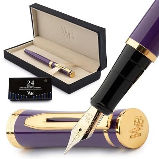 Wordsworth Black Fountain Pen Set Medium Nib 6 Ink Cartridges Refill Converter Gift Case Journaling Calligraphy Smooth Writing Experience Velvet