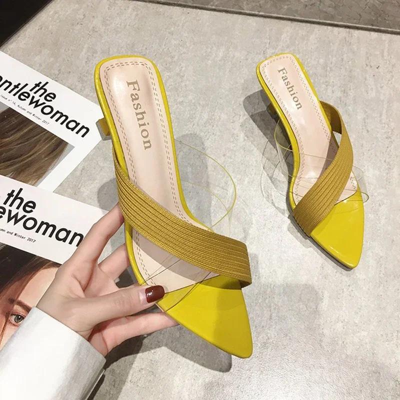 Summer Women Yellow Green Beige Pumps Sandals For Ladies Sexy Mules High Heels Slip-on Slippers Slides Shoes New 2026