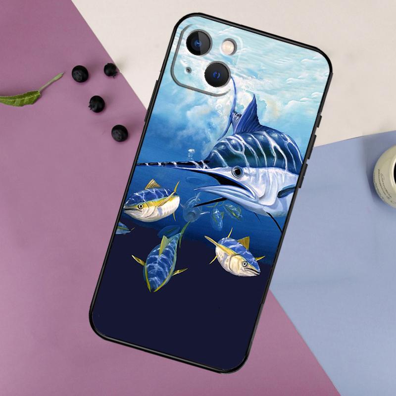 Blue Marlin Painting Case For iPhone 16 15 14 13 12 11 Pro Max Plus X XS Max XR 7 8 Cover Accessories
