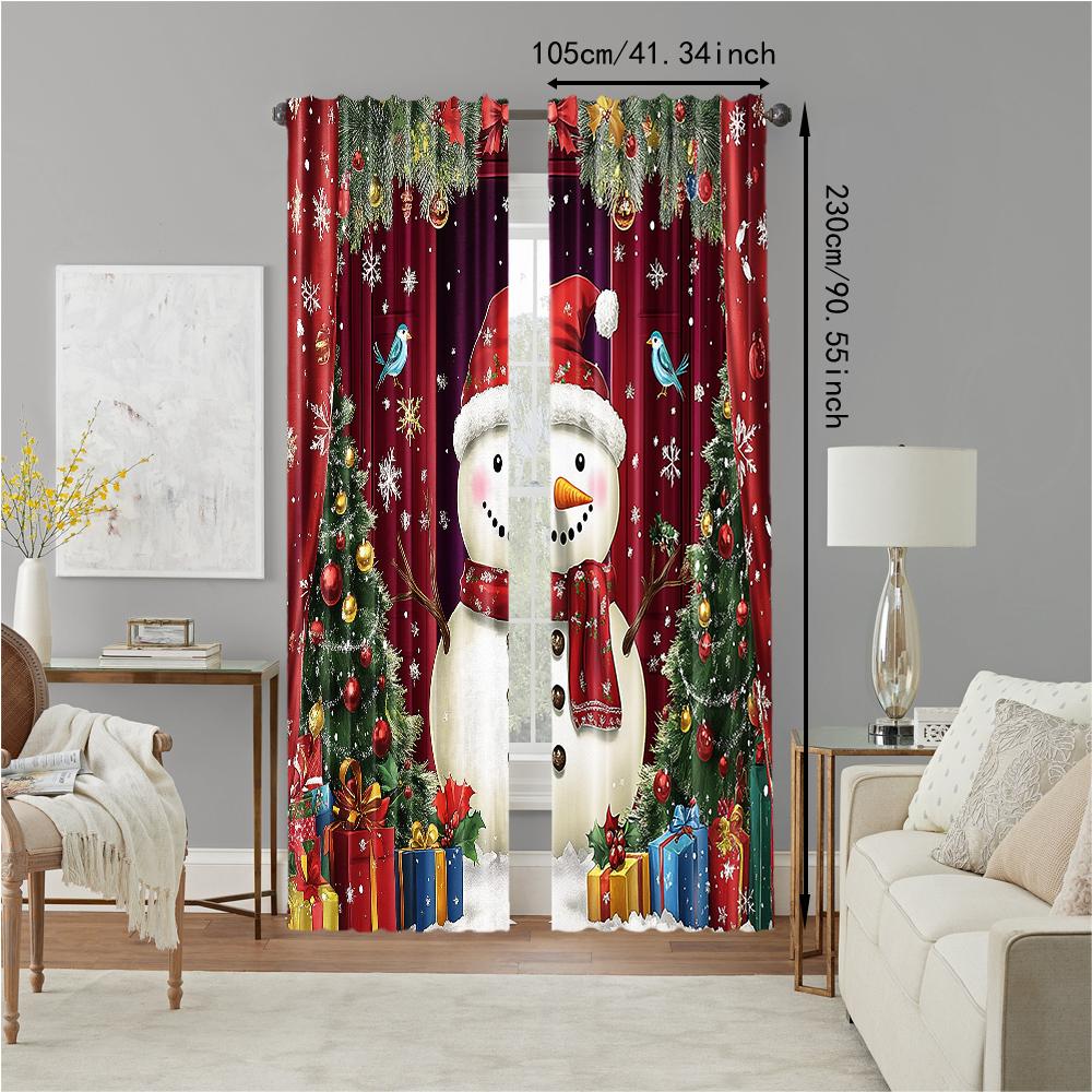 2 stuks Kerst Raamgordijn Sneeuwpop Kerstboom Designs Met Sneeuwvlokken Tunnelzak Polyester Materiaal Voor Woonkamer Keuken